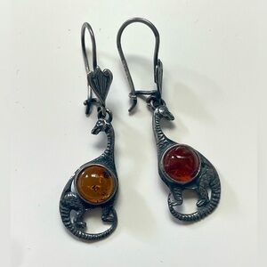 Vintage Baltic Amber Sterling Silver Dinosaurs Earrings
